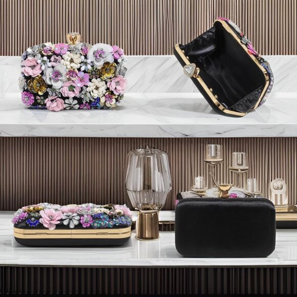 Chic Black Satin Flower Clutch Purse with Beaded Design – 7.87" Evening Bag - Picture 5 of 6